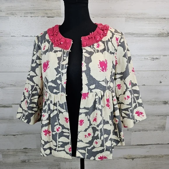 Nanette Lepore Floral Beaded Neck Peplum Blazer Sz 6 Barbie Pink Gray Coquette - Picture 7 of 16